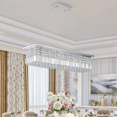 Lustre moderne en cristal pour salle à manger Luminaire suspendu rectangulaire blanc en forme de goutte d'eau rectangulaire de 8 lumières pour îlot de cuisine L 39,4 po x l 9,8 po x H 8,7 po (ampoule non incluse)