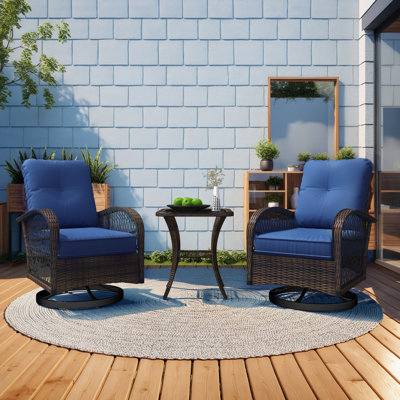 Outdoor Swivel Rocker Bistro Set - 3 Piece Wicker Patio Set With 2 Swivel Rocking Chairs, Cushions, And Tempered Glass Side Table, Perfect For Porch, Garden, Backyard, Poolside