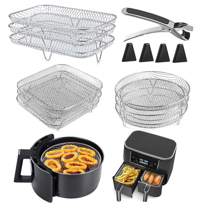 3-Layer Square Round Rectangle Air Fryer Rack Set Stainless Steel Dehydrator Rack with 4 Silicone
