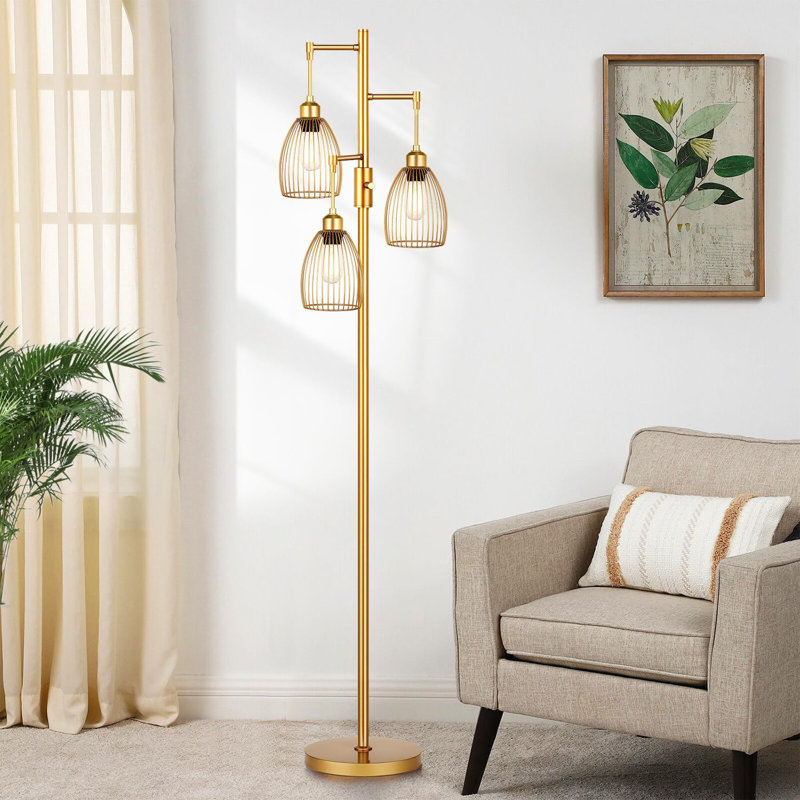 Gold Adjustable 70'' Tall LED Floor Lamp with Cage Shades