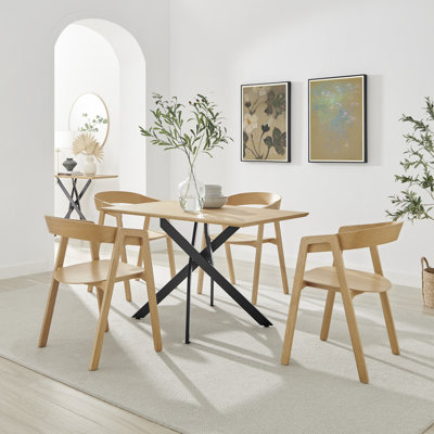 Aminata Veneer & Metal Round Dining Table With Arvey Oak Veneer Chairs - Modern Statement Design
