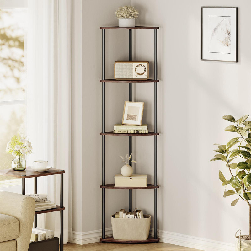 Walery Superfast Toolless Assembly, 5-Tier Corner Bookcase, Natural Walnut/Black