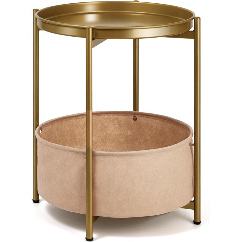 Table d'appoint ronde avec panier de rangement, table de chevet en métal doré avec plateau amovible, table de bout robuste pour chambre à coucher, salon, chambre de bébé, patio (doré)