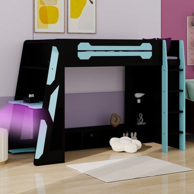 Modern Loft Bed With Integrated Desk, Storage Shelves