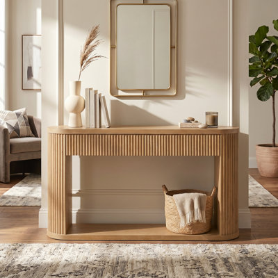 Console ovale 53 po avec 2 tiroirs et tablette inférieure, table d'entrée en bois naturel avec glissières en métal lisse pour le salon et l'entrée