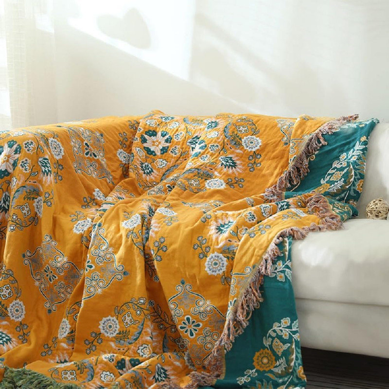 Housse de couette 100% coton DONEUS Boho, Grand lit, Motif floral jaune