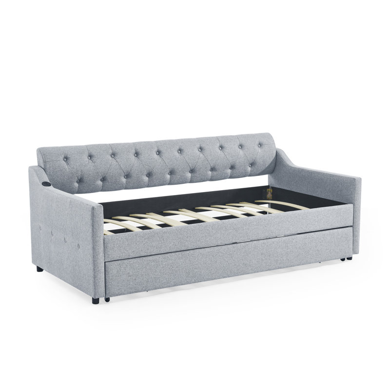 Upholstery Daybed With  Erectable Trundle And USB Charging Design, Gray