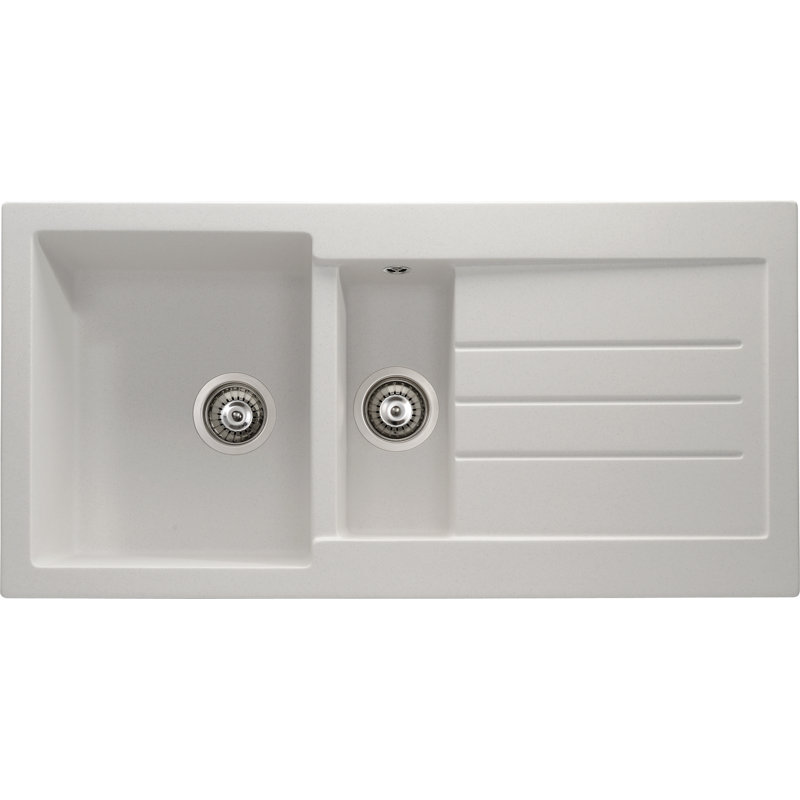Abode Designs Xcite 500mm W Double Bowl Granite Inset Kitchen Sink, Frost White