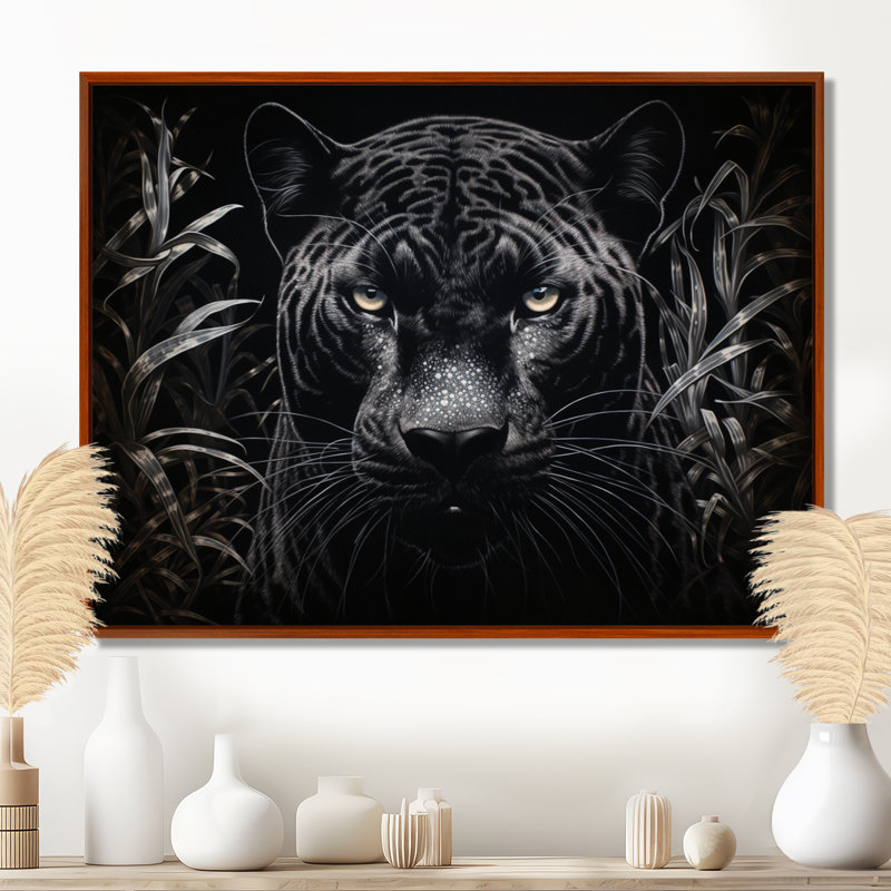 «Black Black Panther Nocturnal Majesty Scratchboard» - art mural encadré panthère, Cadre flottant brun, 34" H x 44" W