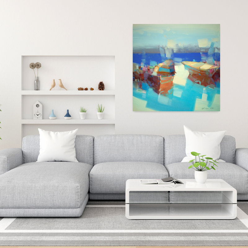 Bateau à rames II, art abstrait de paysage côtier, H 36 po x l 36 po