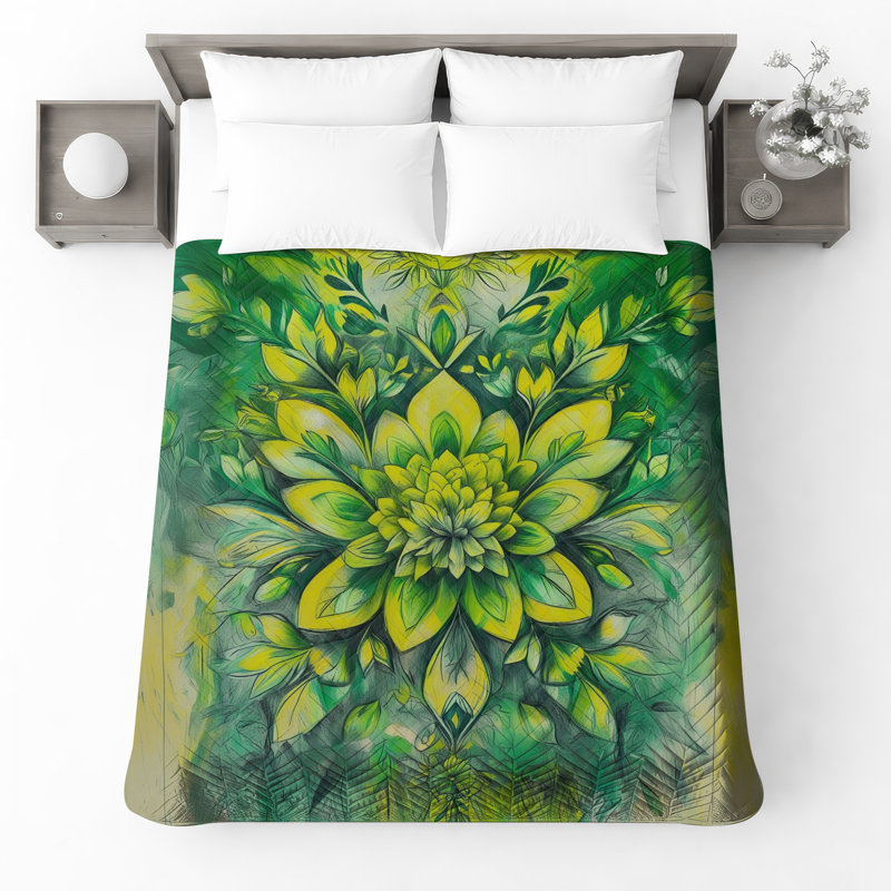 Couvre-lit matelassé art floral jaune vert toutes tailles, Grand lit