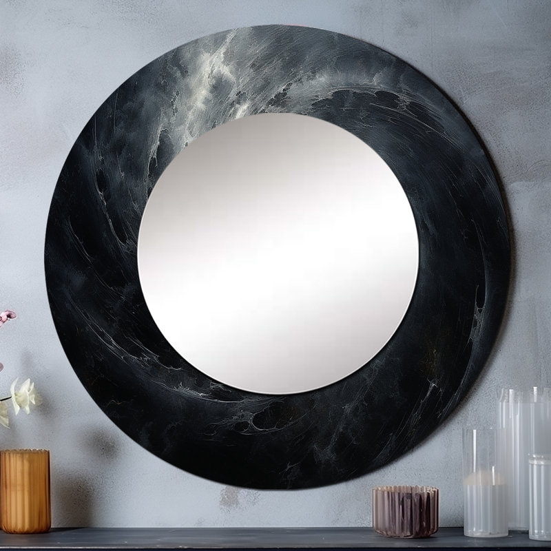 Savas noir trou tranquille Quasar - abstrait spirales murales décoratives, miroir rond noir, impression d'art en métal