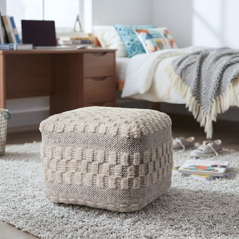 Repose-pieds rembourré Lebo, Laine beige