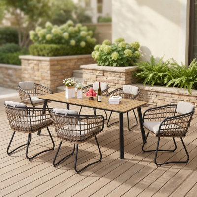 Ensemble de salle à manger d'extérieur en osier 7 pièces, table en composite bois-plastique