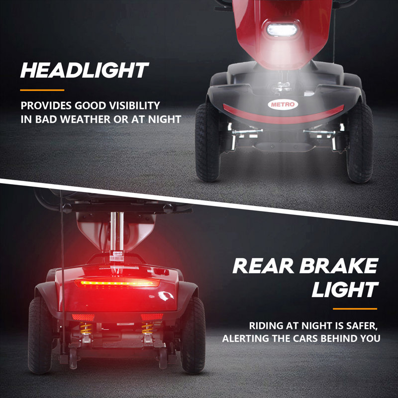 Scooter d'extérieur compact avec pare-brise, moteur de 300 W, batterie de voyage à longue portée avec porte-gobelets, sac de rangement, panier arrière et port de chargement USB, rouge