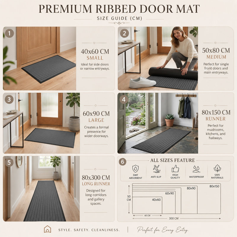 NON-SLIP RUBBER DOOR MAT - INDOOR/OUTDOOR USE, 40cm W x 60cm L, Grey
