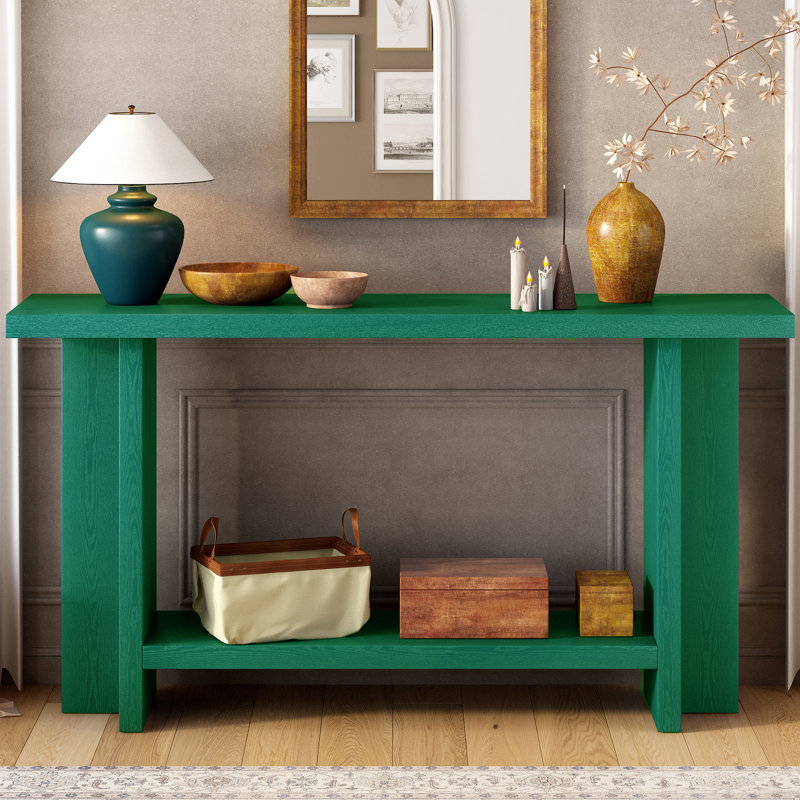 Vintage-Inspired Ash Wood Veneer Console Table with T-Leg Design, Green