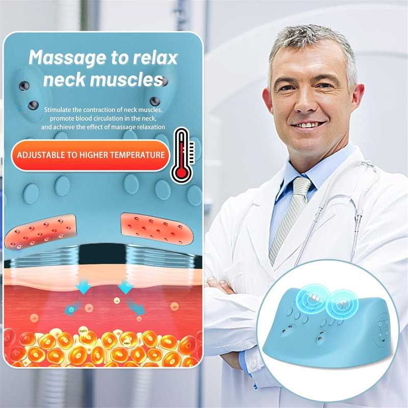 Neck Massager with Heat, Cervical Traction Device for Neck Pain Relief, EMS Pulse Neck Pillow with 3 Massage Modes & 3 Heat Levels, Ergonomic Neck Stretcher for Home Use