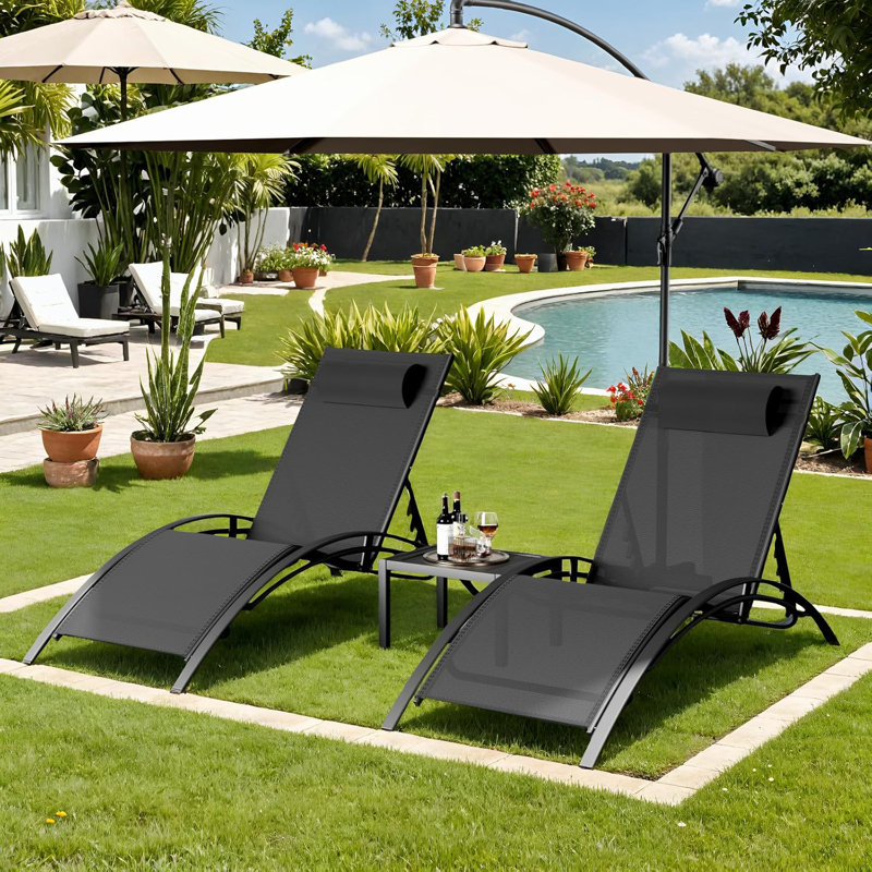 60' Long Reclining Chaise Lounge Set with Cushions and Table, Noir
