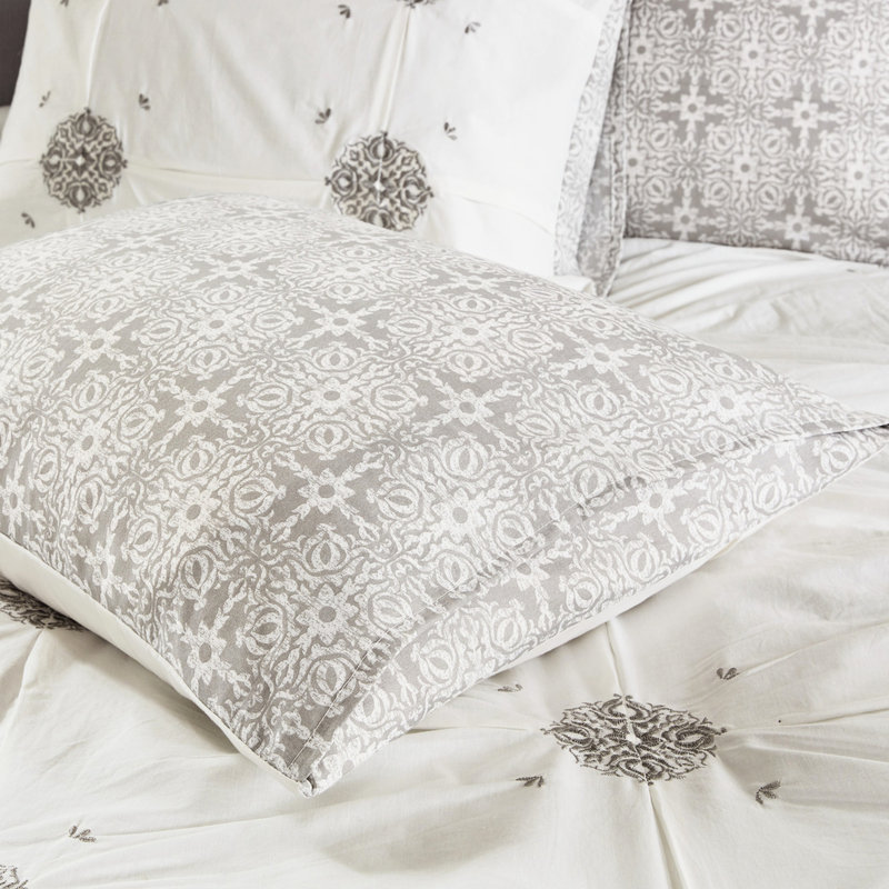 Housse de couette pour lit double / grand en coton 4 pièces - Shabby Chic, brodée avec médaillon et motif inversé, avec housse de couette, 2 taies décoratives 1 coussin décoratif, lavable à la machine réversible double / grand, coton, chic