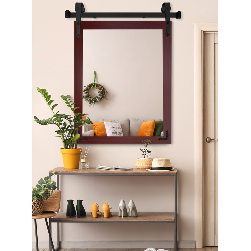 Miroir vertical moderne avec rail de porte de grange en acier et supports de coin décoratifs en métal Modern, 40 x 33