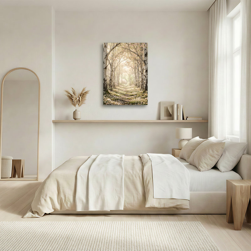«Misty Morning Path Through White Birch Trees with Pink Blossoms», art mural sur toile, H 36 po x l 24 po