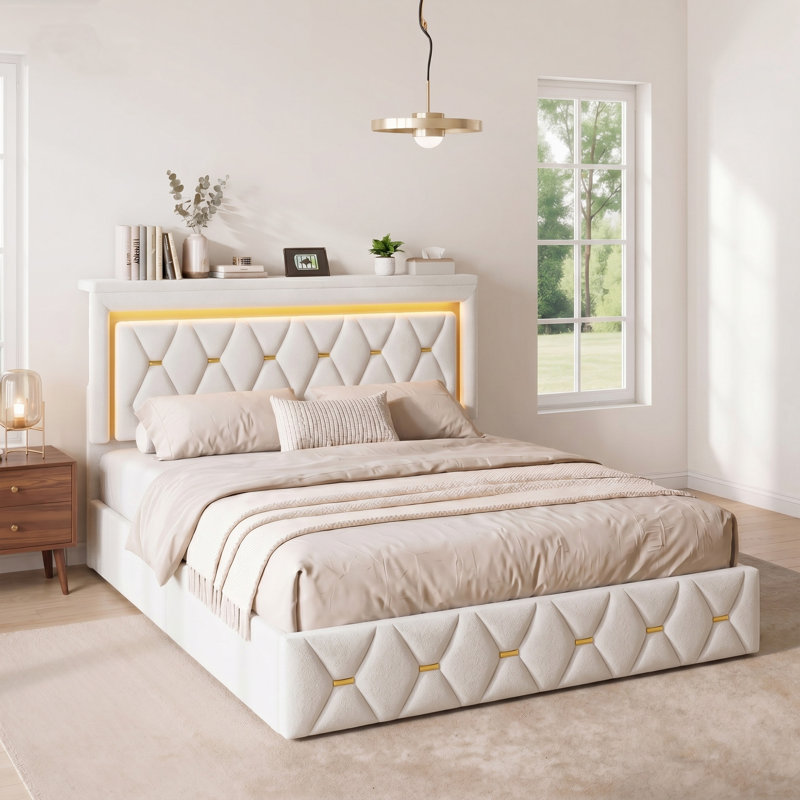 Lit tapissier avec 4 tiroirs de rangement, tête de lit réglable, lumières DEL et station de charge, Beige, Grand lit