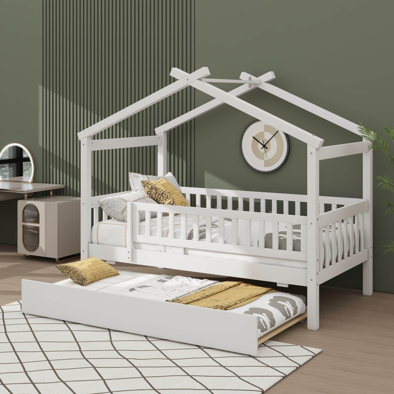 Lit simple en bois sur le thème de la maison avec lit gigogne simple, base de lit en bois, Blanc