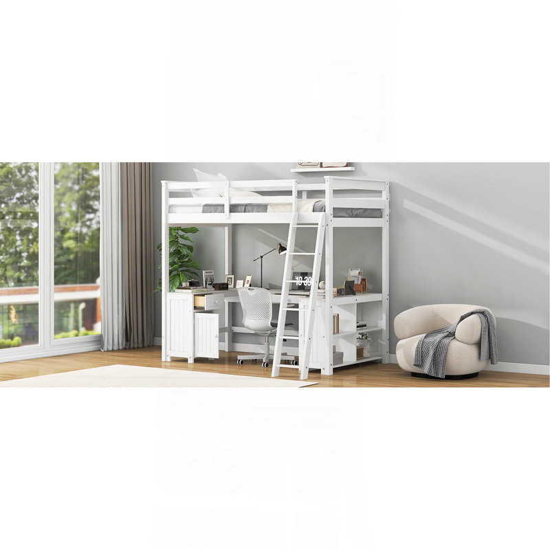 Lit mezzanine double avec bureau en U, tiroirs et tablettes de rangement, blanc, Lit double, Blanc