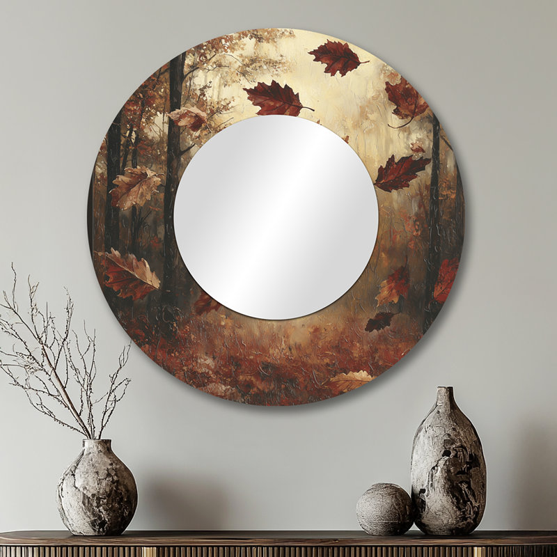 Brown Falling Oak Leaves - Miroir mural décoratif floral - imprimé sur métal, 29 po x 29 po