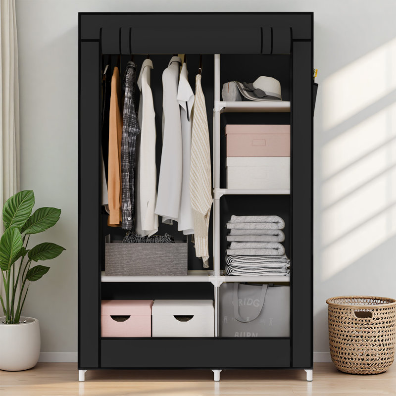 Portable Closet Organizer with 6 Shelves & 1 Hanging Rod, Non-woven Fabric Wardrobe Clothes Storage with 4 Side Pockets for Bedroom, Living Room, Cloakroom, Dorm, Apartment, Black