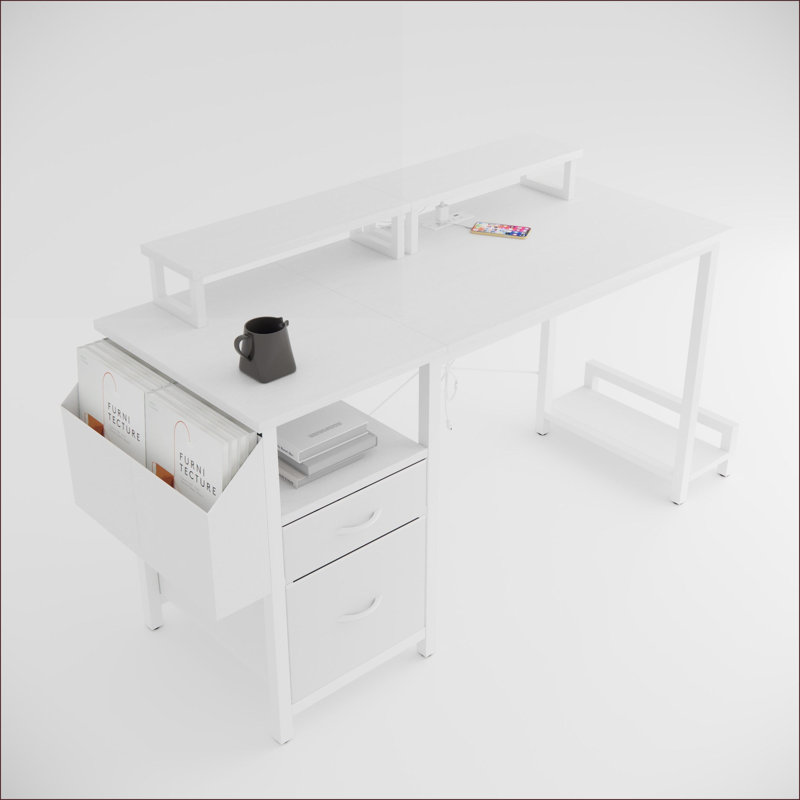 Bureau d'ordinateur 47 po avec prise de courant, 2 supports pour écran, 2 tiroirs, blanc | Bois aggloméré + métal