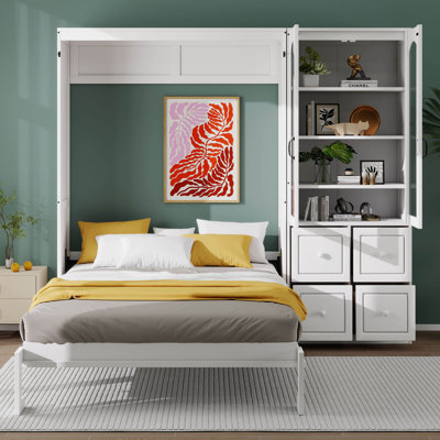 Lit escamotable Queen Size avec armoire latérale réversible gauche-droite, portes en acrylique, 4 tiroirs et plusieurs étagères de rangement.