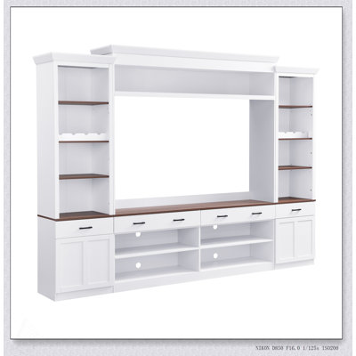 Farmhouse 4-Piece Entertainment Wall Unit Set with Bookshelf for TVs Up to 70, Walnut TV Stand with Adjustable Shelves, Mid-Century Large Media Consol