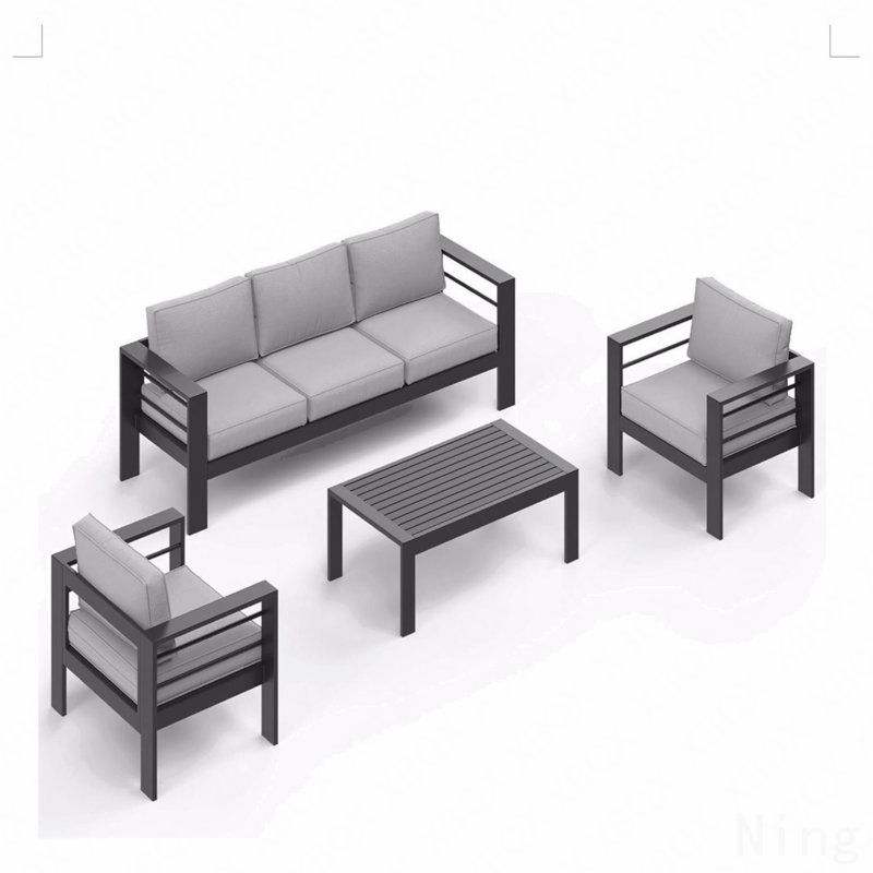 All-Weather 5-Piece Modern Metal Patio Furniture Set,  7-Seat Conversation Sofa With Thick Light Gray Cushions & Black Frame And Coffee Table