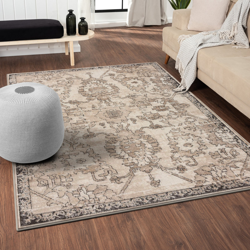 Tapis oriental à motif floral sans perte de poils, Rectangle 5 pi 3 po x 7 pi 3 po