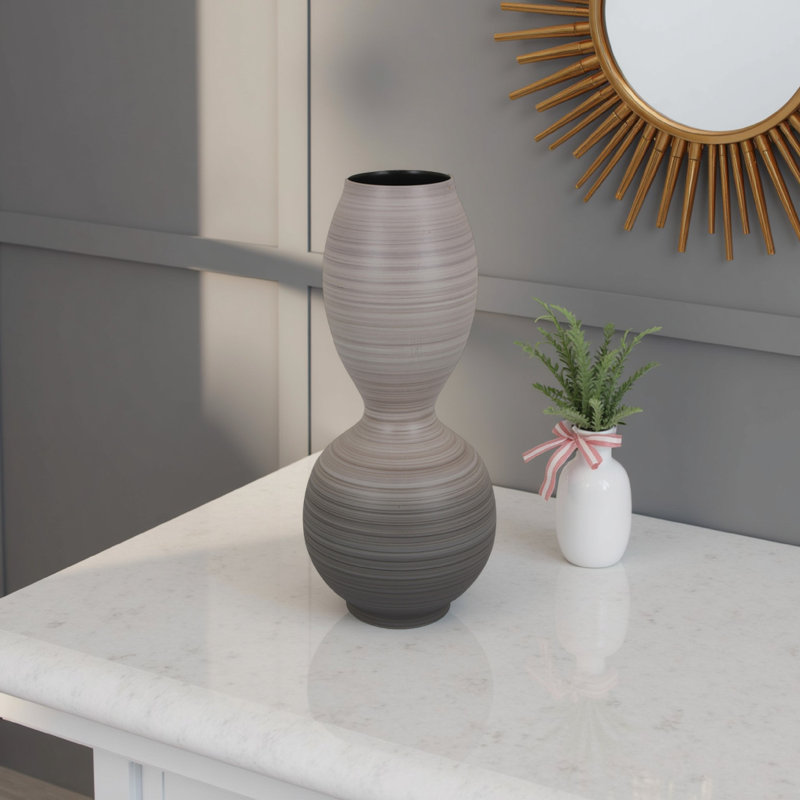 Vase à fleurs moderne, double ampoule en céramique texturée gris ombré, 17 pouces