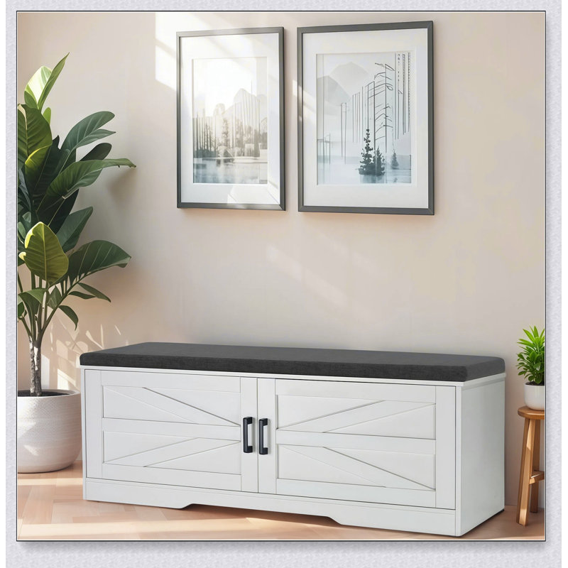 Banc de rangement à 2 niveaux avec coussin de siège rembourré, 2 portes de grange et tablettes réglables pour l'organisation du vestibule