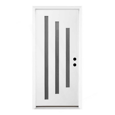 36 X 80 Brush Finished Fiberglass Entry Door With Brickmould,3 Lite Frosted Glass - Modern Style For Home's Front Entrance, 4-9/16 White Vinyl Frame, Left Hand Inswing,White Knock-Down Door