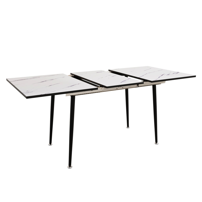 Dining Table With Expandable Feature, 47" To 63", White Marble Theme, Modern Industrial Style Table, Finish, Black Metal Legs, Meets 2 - 6 People's Needs