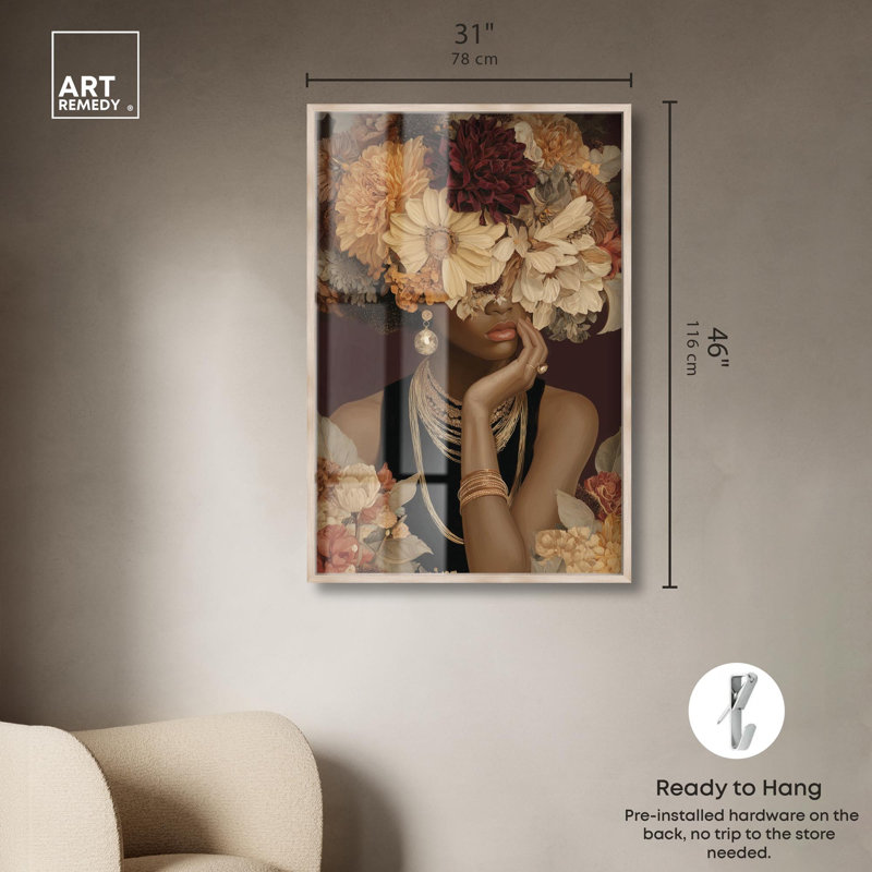Art floral bourgogne par Burgess, H 46 po x l 31 po, Cadre blond