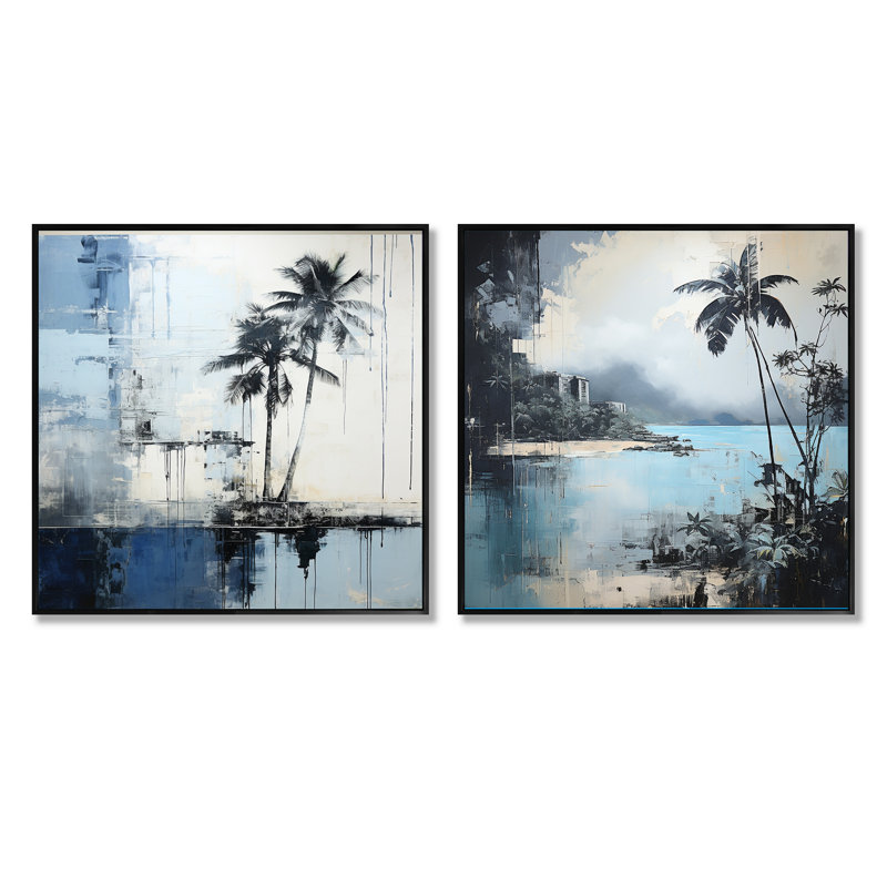 Ensemble de 2 collages de palmiers tropicaux - bleu et gris, Cadre flottant noir, H 30 po x l 61 po