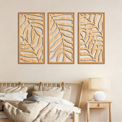 Wooden Palm Leaves Wall Art, Boho Leaves Wall Decor Framed, Tropical Leaf Home Decor For Office Bedroom Living Room Dining Room, Set Of 3 Each 16x32 Inch