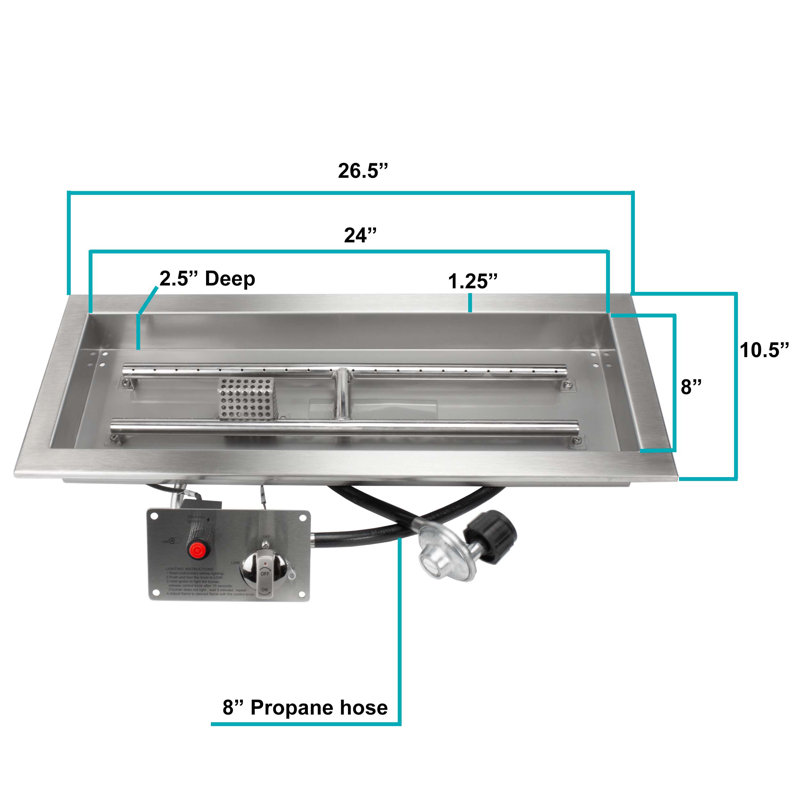 Rectangular CSA Certified Fire Pit Burner Kit, Stainless Steel, Propane, 2" H x 24" W x 8" D