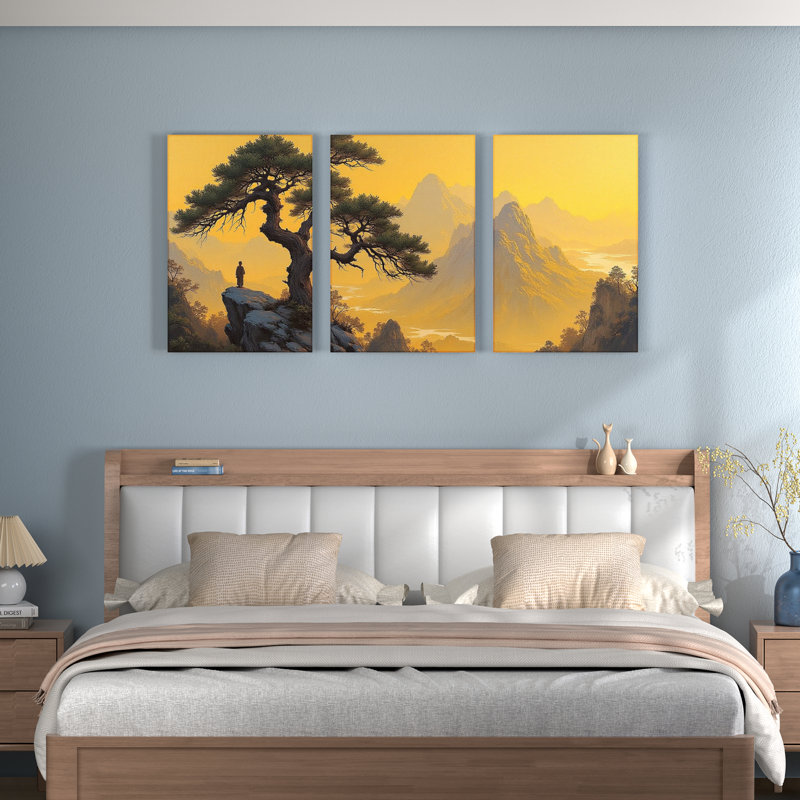 Tableau sur toile tendue représentant un paysage de montagne avec un pin et son reflet (lot de 3), H 24 po x l 48 po