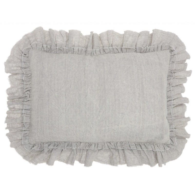 Gray Linen Rectangular Throw Pillow with Frilled Border