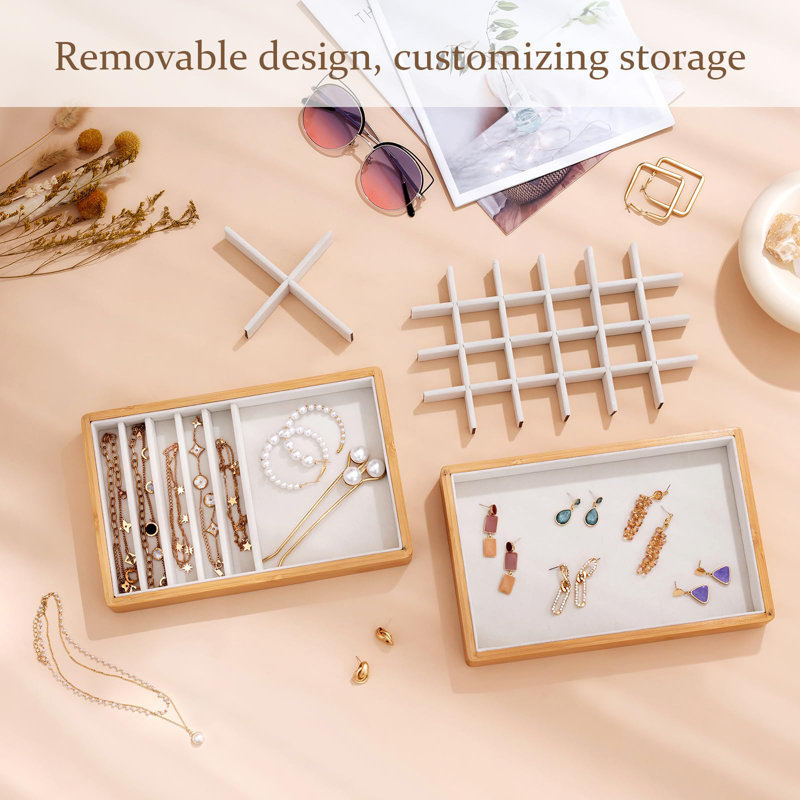 4-Set Bamboo Stackable Jewellery Organizer Tray, Jewellery Drawer Inserts Container Display Case Storage With Removable Dividers -Warmwhite