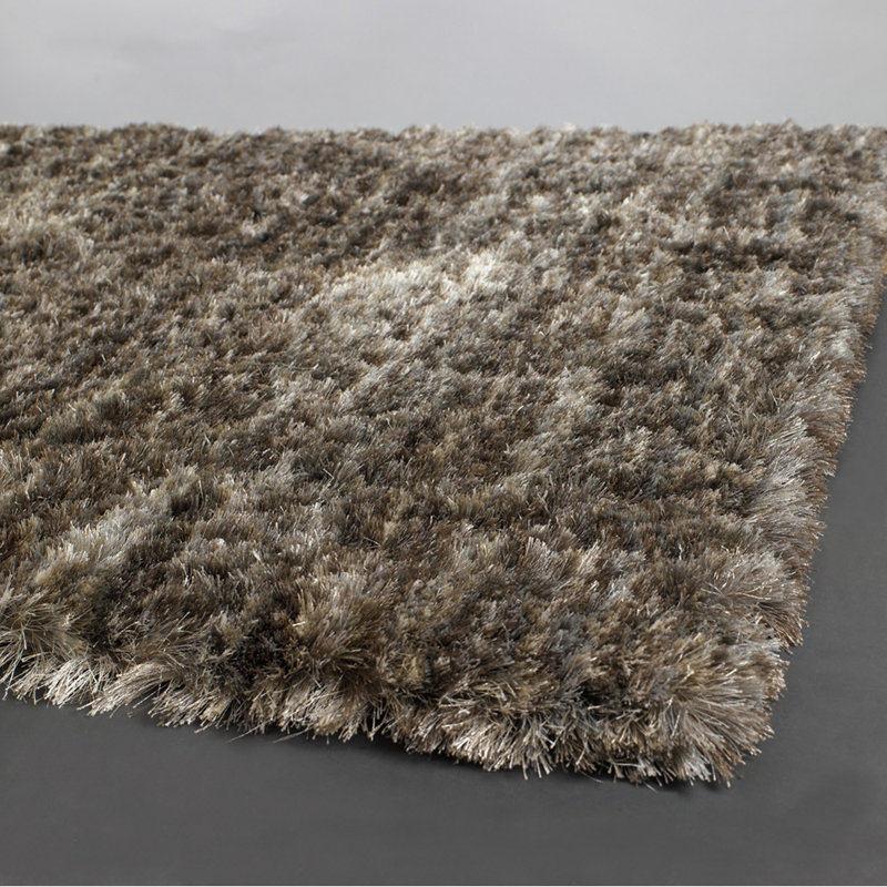 Cyrill Authentic Hand-Woven Handmade Gray, Brown, Beige & Silver High Pile Modern Striped Shag Polyester Area Rug, 5' x 7'6"