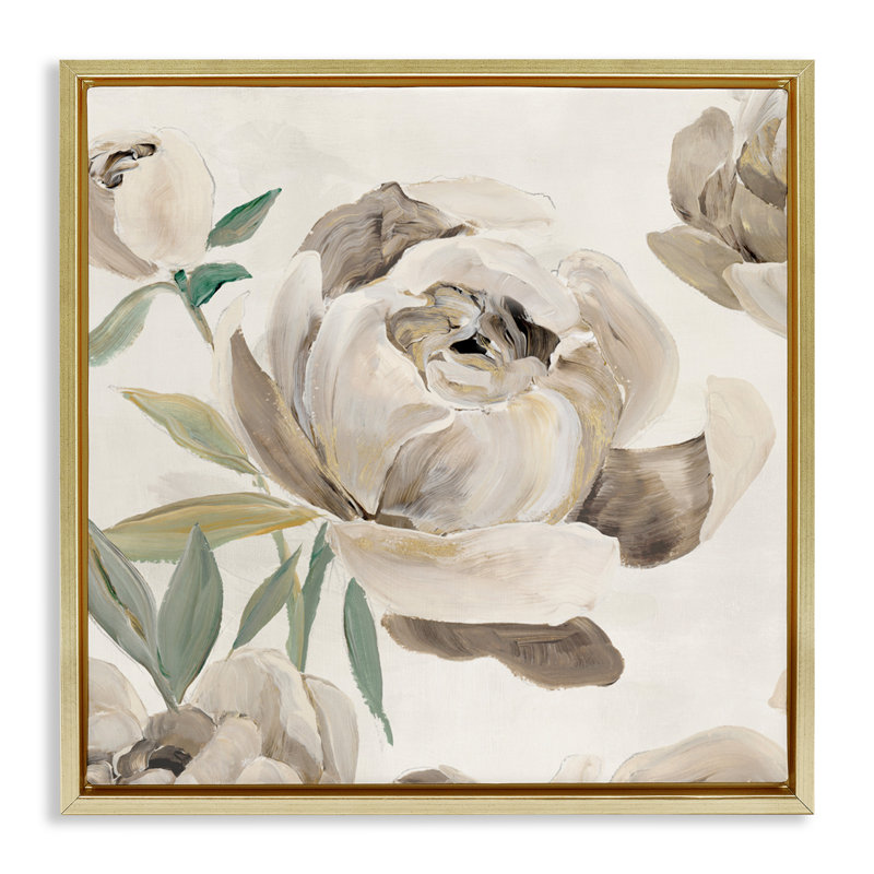 Cadre flottant arrondi avec pivoines lustrées, design par Aria K., H 25 po x l 25 po, Cadre flottant métallique doré