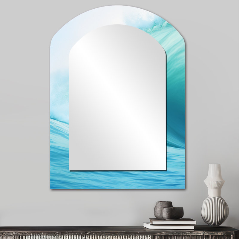 Turquoise Wondrous Wave Spiral I - Abstract Spirals Arch Decorative Mirror, Modern Asymmetrical Wall Mirror, Printed Metal Art